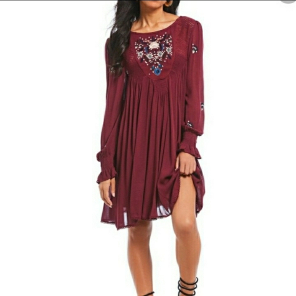 NWT Free People Moya Embroidered Mini Dress Frare Cuffed Sleeves.